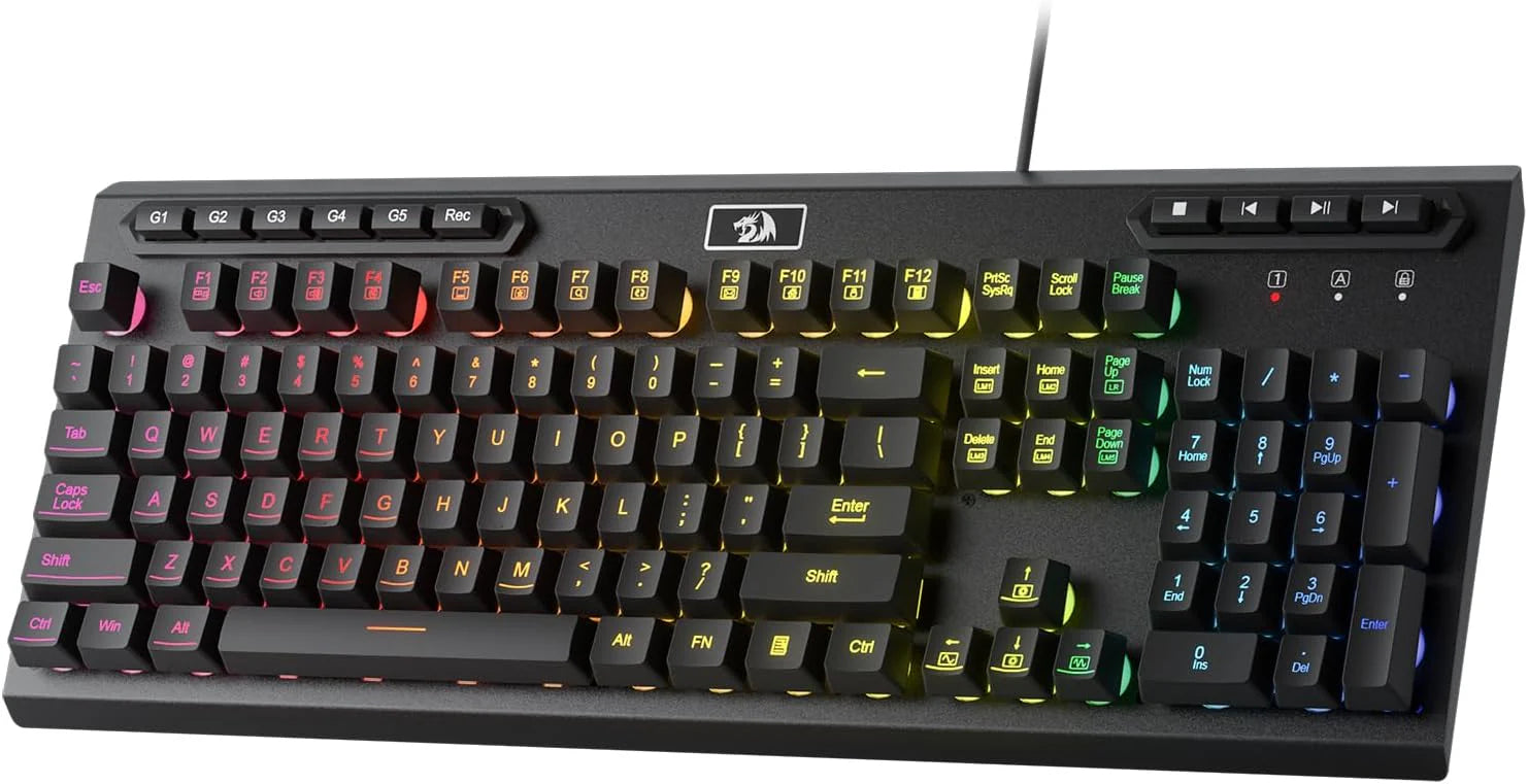 Redragon K513 RGB Membrane Gaming Keyboard, Standard 104 Keys Linear Mechanical-Feel Keyboard w/ 5 Extra On-Board Macro G Keys, Dedicated Media Control, Solid Metal Top Case