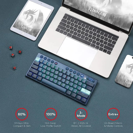 Redragon K632 Blue PRO 60% 3-Mode Connection RGB Mechanical Ultra-Thin Low Profile w/No-Lag Connection Dedicated Media Control - Red Switch