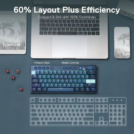 Redragon K632 Blue PRO 60% 3-Mode Connection RGB Mechanical Ultra-Thin Low Profile w/No-Lag Connection Dedicated Media Control - Red Switch