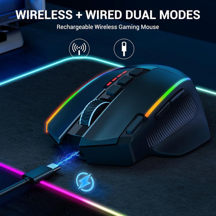 Redragon M915WL Wireless Gaming Mouse, Ergonomic Mouse 16000 DPI with Rapid Fire Key, 9 Macro Buttons, 170-Hour Durable Power Capacity and RGB Backlight Wired/Wireless Mouse for Laptop/Mac/PC