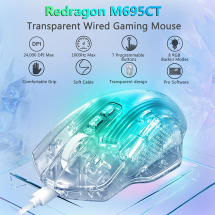 Redragon Wired Gaming Mouse, 24,000 DPI, 7 Programmable Button, 2 Side Buttons, 8 RGB LED Backlit Mode, Clear Transparent Shell, Light up Gamer Mice, Soft Cable for PC/Mac/Xbox, White - Redragon Jordan