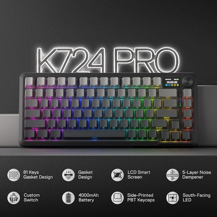 Redragon K724 PRO Wireless Gasket Gaming Keyboard w/Hype 1.14’’ TFT Screen & Knob, 81-Key 75% Mechanical Keyboard, 5-Layer Noise Dampening, Hot-Swap South-Facing RGB Socket, Gradient PBT Keycaps - Redragon Jordan