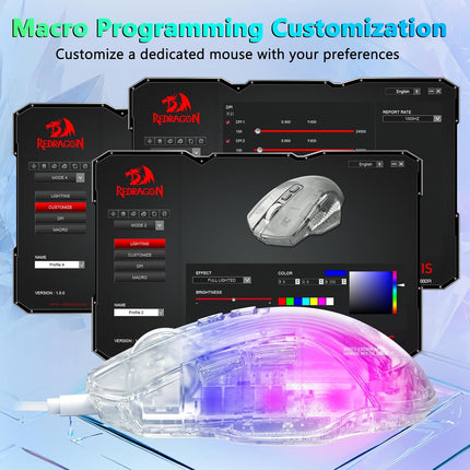 Redragon Wired Gaming Mouse, 24,000 DPI, 7 Programmable Button, 2 Side Buttons, 8 RGB LED Backlit Mode, Clear Transparent Shell, Light up Gamer Mice, Soft Cable for PC/Mac/Xbox, White - Redragon Jordan