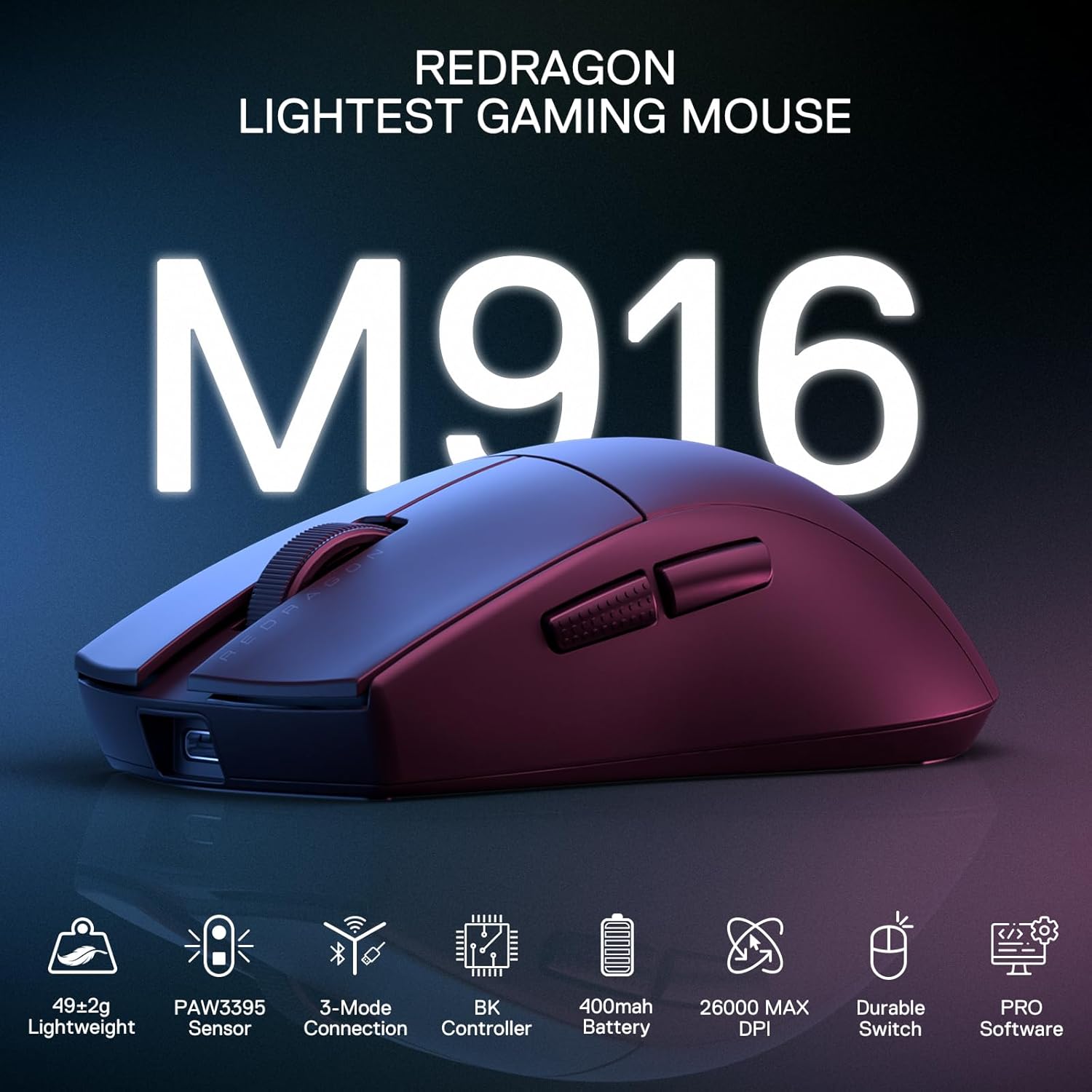 Redragon M916 PRO - Mouse da gioco wireless a 3 modalità, iperveloce 4K, 49 g, ultra leggero, 26 K, con impugnatura ergonomica naturale, tasti macro ridefinibili, supporto software Redragon M916 PRO - Mouse da gioco wireless a 3 modalità, iperveloce 4K, 49 g, ultra leggero, 26 K, con impugnatura ergonomica naturale, tasti macro ridefinibili, supporto software