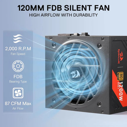 Redragon RGMS-1200W PRO 80+ Gold 1200 Watt Power Supply w/Upgraded ATX 3.1 & PCIe 5.1 Fully Modular, Compact 150mm Size, Smart ECO Low Noise Fan, 100% Japanese Capacitors, Full Mod Cables - Redragon Jordan