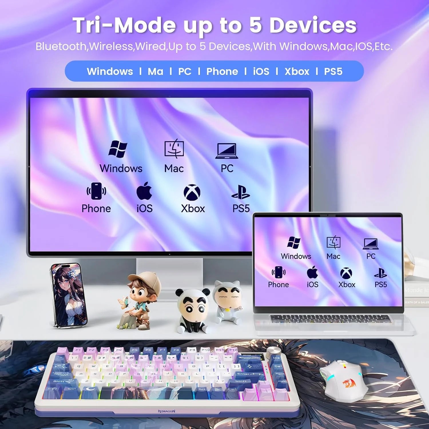 Redragon Wireless Mechanical Keyboard, Gasket RGB Gaming Keyboard with 81 Programmable Custom Keys, 3-Modes Anime Wireless Keyboard with Hot-Swap Pre-Lubed Leopard L Switch, Screen & Knob, K708AK