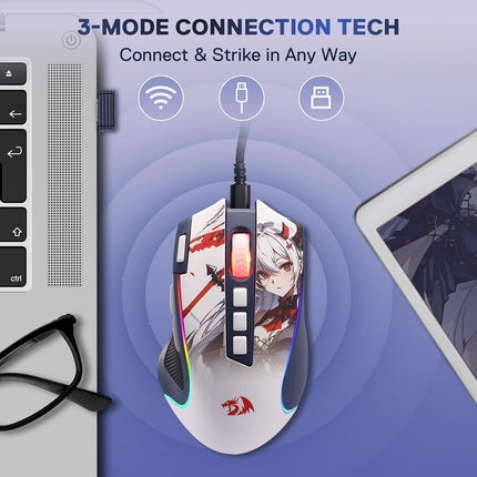 Redragon M612AK PRO RGB Anime Gaming Mouse, 8000 DPI Wired/Wireless Optical Mouse with 9 Programmable Buttons & 7 Backlit Modes, BT & 2.4G Wireless, Software Supports DIY Keybinds Rapid Fire Button - Redragon Jordan