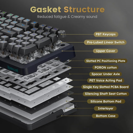 Redragon K688 Wireless Mechanical Keyboard, 3 Mode Gasket Mounted RGB Gaming Keyboard with Volume Knob, Pre-Lubed Linear Switches, MDA-Profile, 98 Keys Hot Swappable Creamy Keyboard for PC/Tablet/Xbox/PS4