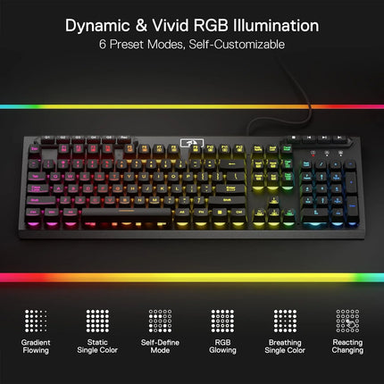 Redragon K513 RGB Membrane Gaming Keyboard, Standard 104 Keys Linear Mechanical-Feel Keyboard w/ 5 Extra On-Board Macro G Keys, Dedicated Media Control, Solid Metal Top Case