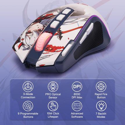 Redragon M612AK PRO RGB Anime Gaming Mouse, 8000 DPI Wired/Wireless Optical Mouse with 9 Programmable Buttons & 7 Backlit Modes, BT & 2.4G Wireless, Software Supports DIY Keybinds Rapid Fire Button - Redragon Jordan