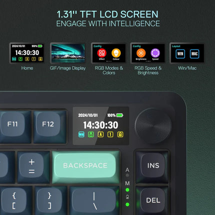 Redragon K724 PRO Wireless Gasket Gaming Keyboard w/Hype Screen & Knob, 81-Key Mechanical Keyboard, Easy-Control 1.14’’ TFT Info Display, 5-Layer Noise Dampening, Custom Linear Switch, Dark Jade Color - Redragon Jordan