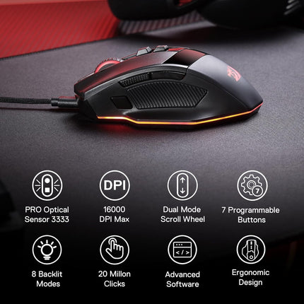 Redragon M813 RGB Wired Gaming Mouse with 4D Dual Mode Scroll Wheel, Ergonomic Optical Mouse with Max 16000 DPI, 3333 High Precision Sensor, 7 Macro Keys, Software Supported
