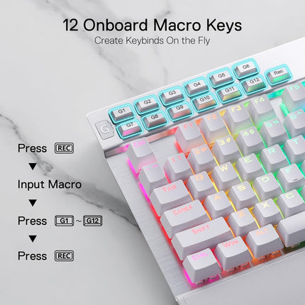 Redragon K550 RGB Gaming Keyboard, 104 Keys + 12 Macro G Keys Wired Mechanical Keyboard w/Aluminum Top Plate, Custom Clicky Purple Switch, Extra USB Port & Wrist Rest