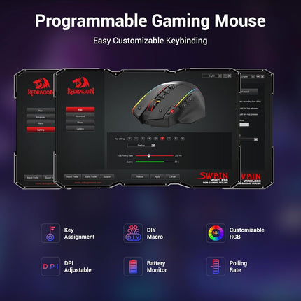 Redragon M915WL Wireless Gaming Mouse, Ergonomic Mouse 16000 DPI with Rapid Fire Key, 9 Macro Buttons, 170-Hour Durable Power Capacity and RGB Backlight Wired/Wireless Mouse for Laptop/Mac/PC