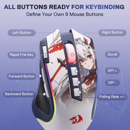 Redragon M612AK PRO RGB Anime Gaming Mouse, 8000 DPI Wired/Wireless Optical Mouse with 9 Programmable Buttons & 7 Backlit Modes, BT & 2.4G Wireless, Software Supports DIY Keybinds Rapid Fire Button - Redragon Jordan