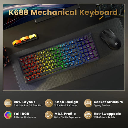 Redragon K688 Wireless Mechanical Keyboard, 3 Mode Gasket Mounted RGB Gaming Keyboard with Volume Knob, Pre-Lubed Linear Switches, MDA-Profile, 98 Keys Hot Swappable Creamy Keyboard for PC/Tablet/Xbox/PS4