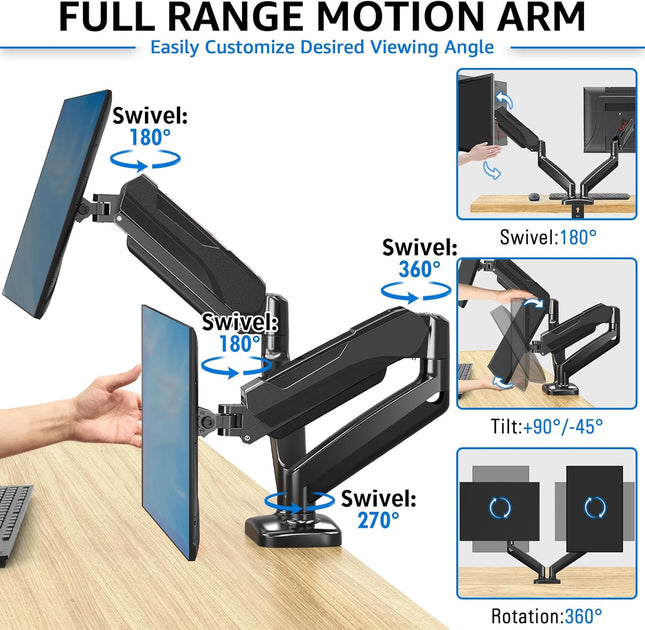 Redragon GMK915 Dual Monitor Mount Stand - Gas Spring Adjustable Arms with VESA 75/100mm, 13-32 Inch Screen Compatibility, C Clamp & Grommet Base, Cable Management, 17.6lbs Load Capacity
