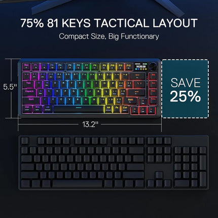 Redragon K724 PRO Wireless Gasket Gaming Keyboard w/Hype Screen & Knob, 81-Key Mechanical Keyboard, Easy-Control 1.14’’ TFT Info Display, 5-Layer Noise Dampening, Custom Linear Switch - Redragon Jordan