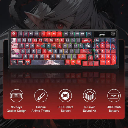 Redragon K719 PRO Wireless Gasket Gaming Keyboard w/Hype Screen & Knob, 95 Keys Mechanical Keyboard, Easy-Control 1.14’’ TFT Info Display, 5-Layer Noise Dampening, Custom Linear Switch, Anime Edition - Redragon Jordan