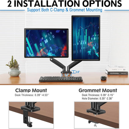 Redragon GMK915 Dual Monitor Mount Stand - Gas Spring Adjustable Arms with VESA 75/100mm, 13-32 Inch Screen Compatibility, C Clamp & Grommet Base, Cable Management, 17.6lbs Load Capacity