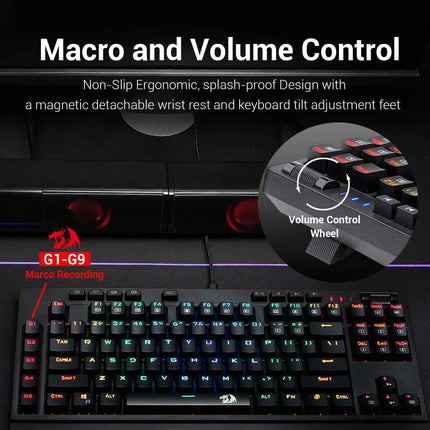 Redragon K588 RGB Backlit Mechanical Gaming Keyboard with Programmable Keys Macro Recording Blue Switches Compact Tenkeyless Design with Detachable Palm Rest & USB-C USB for Windows PC