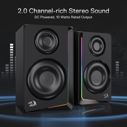 Redragon GS812 Wireless RGB Wooden Desktop Speakers, 2.0 Channel Bookshelf Speaker w/BT 5.0/3.5mm AUX Connection, Enhanced Bass/Volume Knob Control, Extra Mic/Audio Jacks & Dynamic RGB Lighting Bar