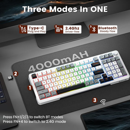 Redragon K688 GWL Wireless Mechanical Keyboard, 3 Mode Gasket Mounted RGB Gaming Keyboard with Volume Knob, Pre-Lubed Linear Switches, MDA-Profile, 98 Keys Hot Swappable Creamy Keyboard for Pc/Tablet/Xbox Blue