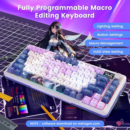 Redragon Wireless Mechanical Keyboard, Gasket RGB Gaming Keyboard with 81 Programmable Custom Keys, 3-Modes Anime Wireless Keyboard with Hot-Swap Pre-Lubed Leopard L Switch, Screen & Knob, K708AK