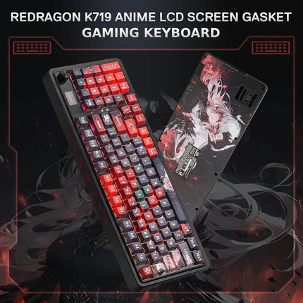 Redragon K719 PRO Wireless Gasket Gaming Keyboard w/Hype Screen & Knob, 95 Keys Mechanical Keyboard, Easy-Control 1.14’’ TFT Info Display, 5-Layer Noise Dampening, Custom Linear Switch, Anime Edition - Redragon Jordan