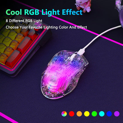 Redragon Wired Gaming Mouse, 24,000 DPI, 7 Programmable Button, 2 Side Buttons, 8 RGB LED Backlit Mode, Clear Transparent Shell, Light up Gamer Mice, Soft Cable for PC/Mac/Xbox, White - Redragon Jordan