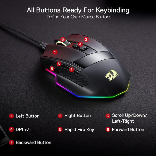 Redragon M813 RGB Wired Gaming Mouse with 4D Dual Mode Scroll Wheel, Ergonomic Optical Mouse with Max 16000 DPI, 3333 High Precision Sensor, 7 Macro Keys, Software Supported