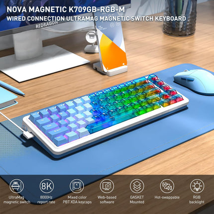 Redragon K709 HE Rapid Trigger Gaming Keyboard, 8K Wired Mechanical Keyboard w/Next-Gen UltraMag 100% POM Silky Magnetic Switch, Dual-Module Floating Patent Structure Design, 5-Layer Noise Dampening - Redragon Jordan