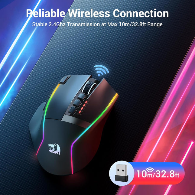 Redragon M915WL Wireless Gaming Mouse, Ergonomic Mouse 16000 DPI with Rapid Fire Key, 9 Macro Buttons, 170-Hour Durable Power Capacity and RGB Backlight Wired/Wireless Mouse for Laptop/Mac/PC