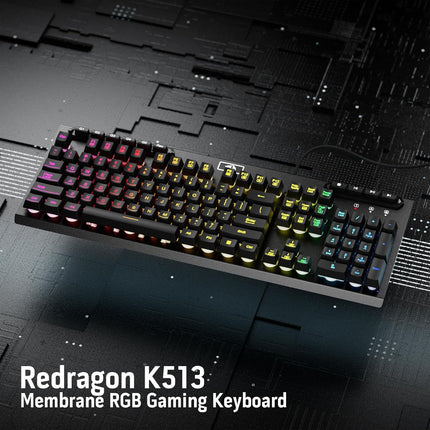 Redragon K513 RGB Membrane Gaming Keyboard, Standard 104 Keys Linear Mechanical-Feel Keyboard w/ 5 Extra On-Board Macro G Keys, Dedicated Media Control, Solid Metal Top Case