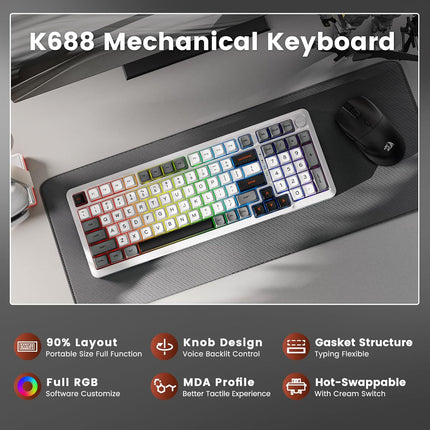 Redragon K688 GWL Wireless Mechanical Keyboard, 3 Mode Gasket Mounted RGB Gaming Keyboard with Volume Knob, Pre-Lubed Linear Switches, MDA-Profile, 98 Keys Hot Swappable Creamy Keyboard for Pc/Tablet/Xbox Blue