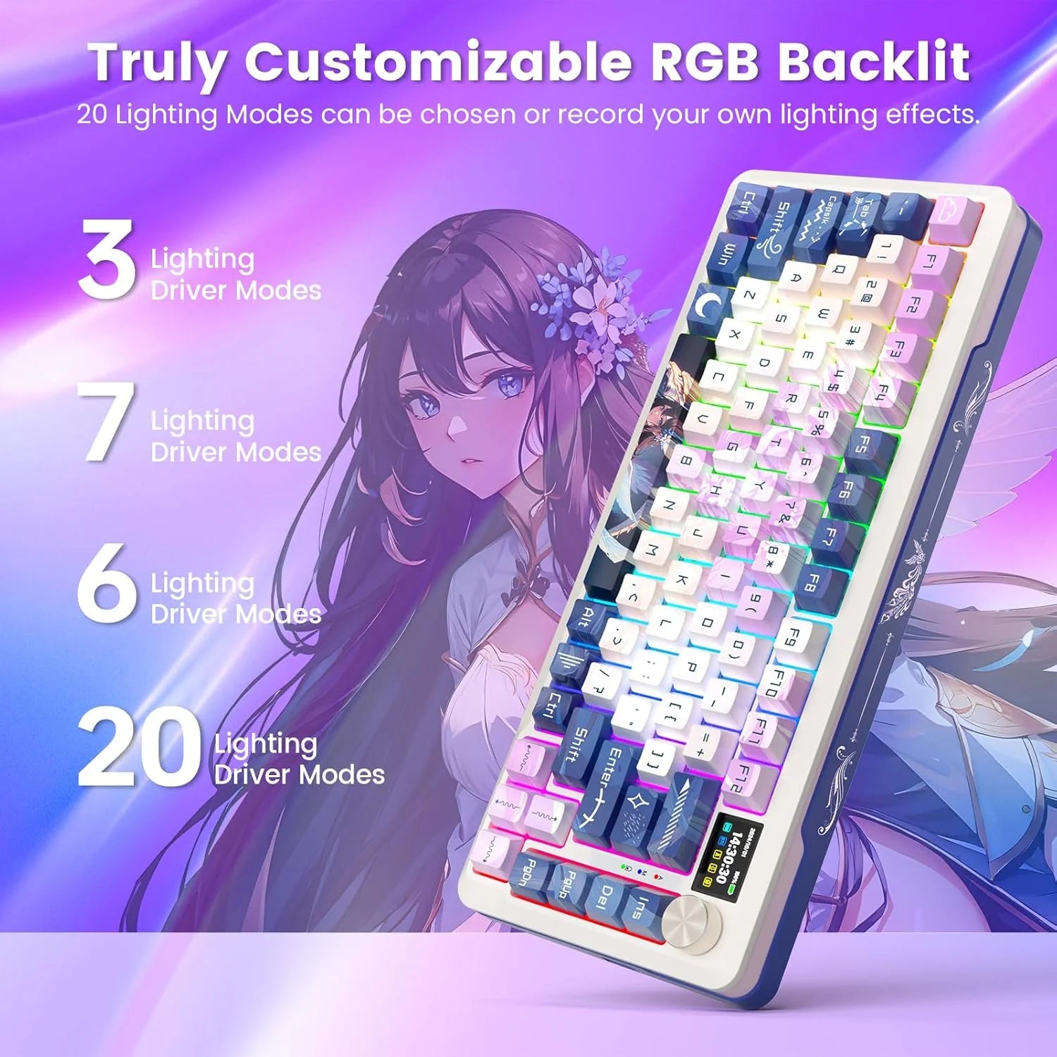 Redragon Wireless Mechanical Keyboard, Gasket RGB Gaming Keyboard with 81 Programmable Custom Keys, 3-Modes Anime Wireless Keyboard with Hot-Swap Pre-Lubed Leopard L Switch, Screen & Knob, K708AK