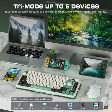 Redragon K708 Pro Wireless Mechanical Gaming Keyboard - Gasket-Mounted RGB Backlit, 81 Customizable Keys, 3-Mode (2.4G/Bluetooth/USB), Hot-Swap Pre-Lubed Switches, Screen & Control Knob - White Green - Redragon Jordan