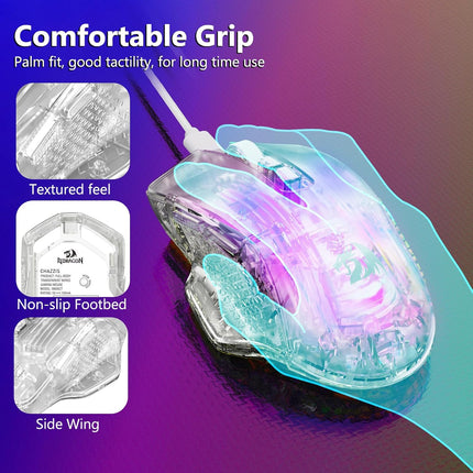 Redragon Wired Gaming Mouse, 24,000 DPI, 7 Programmable Button, 2 Side Buttons, 8 RGB LED Backlit Mode, Clear Transparent Shell, Light up Gamer Mice, Soft Cable for PC/Mac/Xbox, White - Redragon Jordan