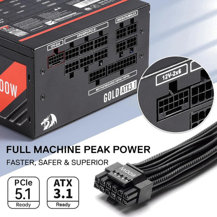Redragon RGMS-1200W PRO 80+ Gold 1200 Watt Power Supply w/Upgraded ATX 3.1 & PCIe 5.1 Fully Modular, Compact 150mm Size, Smart ECO Low Noise Fan, 100% Japanese Capacitors, Full Mod Cables - Redragon Jordan