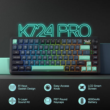 Redragon K724 PRO Wireless Gasket Gaming Keyboard w/Hype Screen & Knob, 81-Key Mechanical Keyboard, Easy-Control 1.14’’ TFT Info Display, 5-Layer Noise Dampening, Custom Linear Switch, Dark Jade Color - Redragon Jordan