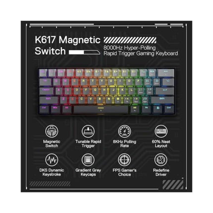 Redragon FIZZ K617GGB Magnetic Switch Rapid Trigger Gaming Keyboard, 60% Wired Mechanical Keyboard w/ 8k Hz Polling Rate(0.1ms), Hyper-Fast 0.2mm Actuation Custom Switch Adjustable via Software - Misty Grey