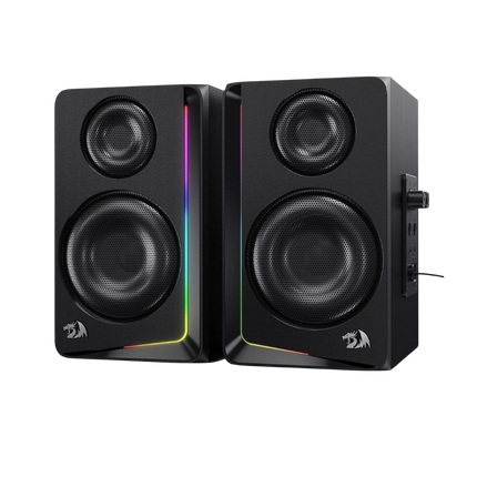 Redragon GS812 Wireless RGB Wooden Desktop Speakers, 2.0 Channel Bookshelf Speaker w/BT 5.0/3.5mm AUX Connection, Enhanced Bass/Volume Knob Control, Extra Mic/Audio Jacks & Dynamic RGB Lighting Bar