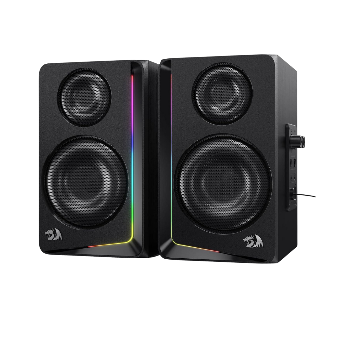 Redragon GS812 Wireless RGB Wooden Desktop Speakers, 2.0 Channel Bookshelf Speaker w/BT 5.0/3.5mm AUX Connection, Enhanced Bass/Volume Knob Control, Extra Mic/Audio Jacks & Dynamic RGB Lighting Bar