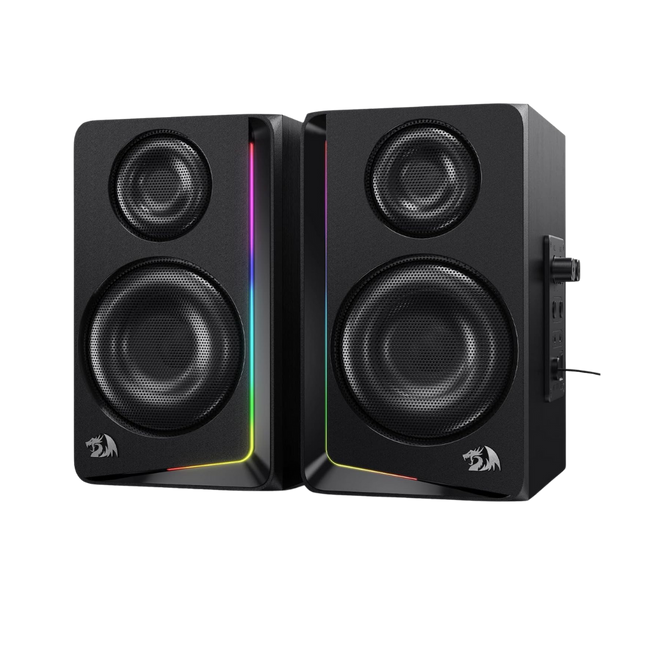 Redragon GS812 Wireless RGB Wooden Desktop Speakers, 2.0 Channel Bookshelf Speaker w/BT 5.0/3.5mm AUX Connection, Enhanced Bass/Volume Knob Control, Extra Mic/Audio Jacks & Dynamic RGB Lighting Bar