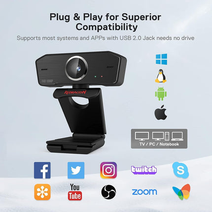 Redragon GW800 1080P PC Webcam with Built in Dual Microphone 360° Rotation 2.0